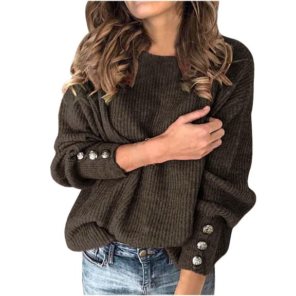 Lndajk Women's Batwing Long Sleeve Crewneck Pullover Sweaters Casual Loose Knit Jumper Tops with Buttons Coffee 5XL
