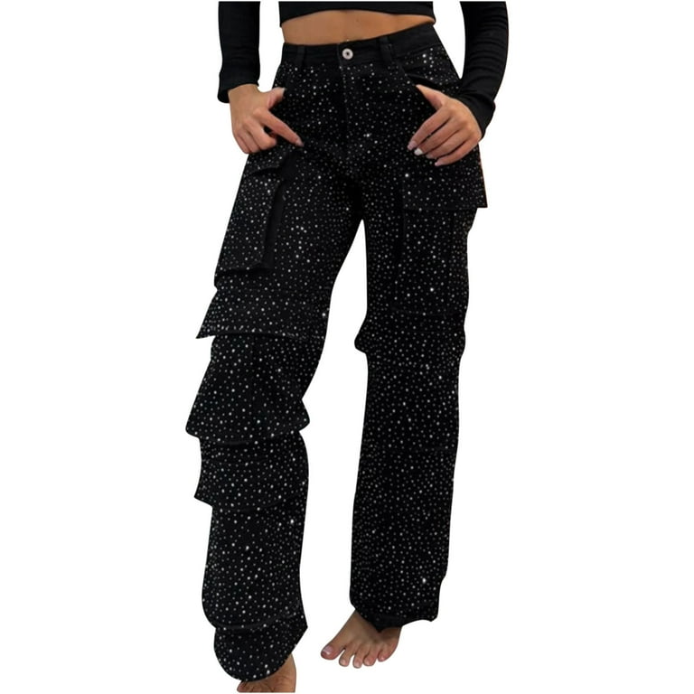 Lndajk Womens Cargo Jeans Pants Sparkly Rhinestone Baggy High