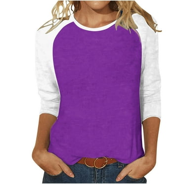 Lndajk Womens Splicing Tops Dressy 3/4 Sleeve Shirts Round Neck Loose Lightweight Pullover T-Shirts Trendy Casual Basic Tunic Blouses Patchwork Tshirts Purple S
