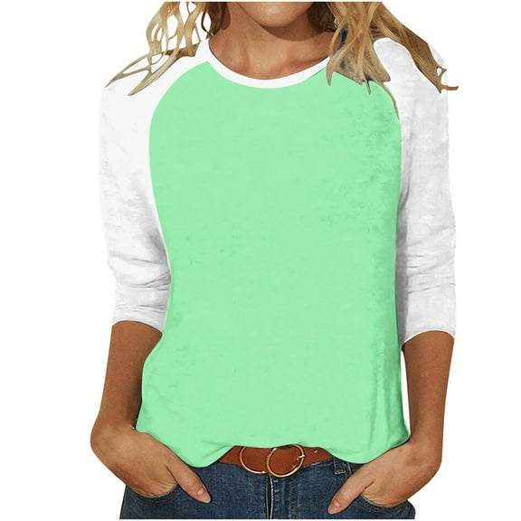 Lndajk Womens Splicing Tops Dressy 3/4 Sleeve Shirts Round Neck Loose Lightweight Pullover T-Shirts Trendy Casual Basic Tunic Blouses Patchwork Tshirts Green S