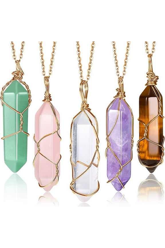 Crystal Necklaces, Pointed Quartz Natural Healing Pendant, Adjustable Chain (Women), 5 Pcs