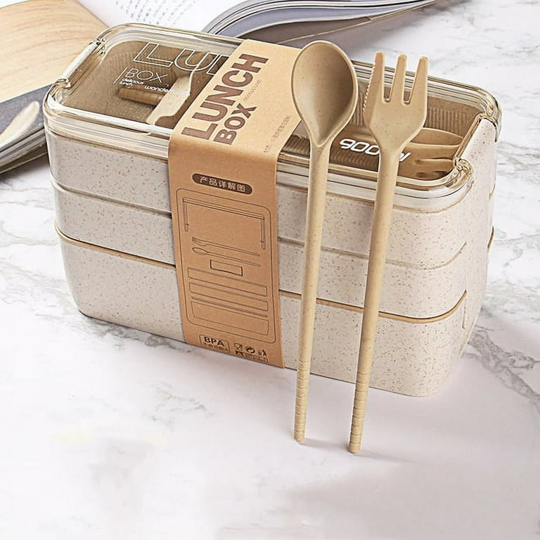 LNKOO Bento Box Japanese Lunch Box, 3-In-1 Compartment, Wheat