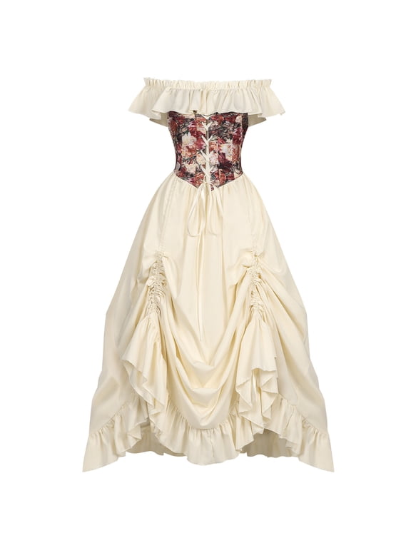 Cottagecore Off Shoulder Corset Long Maxi Dress Lace Up Waist Flowy Layered Ruffle Skirt Elegant Gown Autumn Winter Layering Vintage Daily Outfit