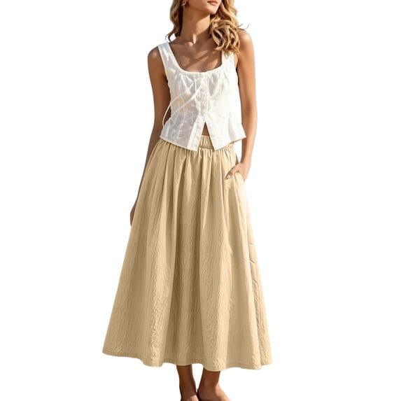 Lnmiateer Elastic High Waist A Line Midi Skirt for Women Flowy Pleated Swing Design with Side Pockets Boho Casual Summer Beach Vacation Daily Outfit