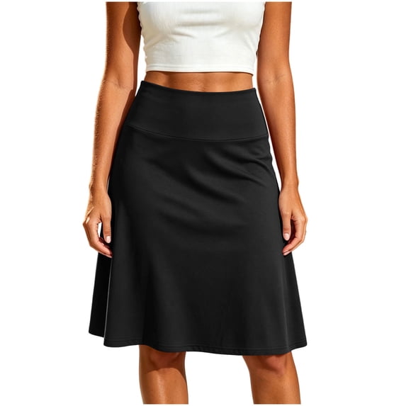 Lnmiateer Lightweight Flare Midi Skirt for Women High Waist Stretch Pull On A Line Solid Knee Length Casual Daily Skirt S-XXL Size