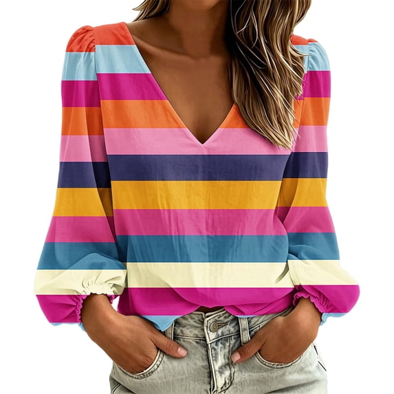 Lnmiateer Print V Neck Long Sleeve Tunic for Women Loose Fit Breathable Casual Trendy Streetwear Fashion Daily Blouse