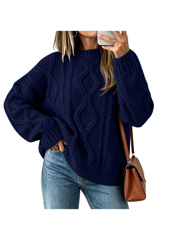 Quiet Luxury Oversized Cable Knit Pullover Sweater Crew Neck Long Sleeve Chunky Knit Top 2026 Fall Winter Casual Holiday Layering Wear
