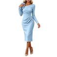 thumbnail image 1 of Lnmiateer Solid Long Sleeve Floral Accent Shoulder Side Ruched Fitted Pencil Dress Ladies Stretch Fabric Autumn Winter Wedding Guest Dinner Banquet Outfit, 1 of 6