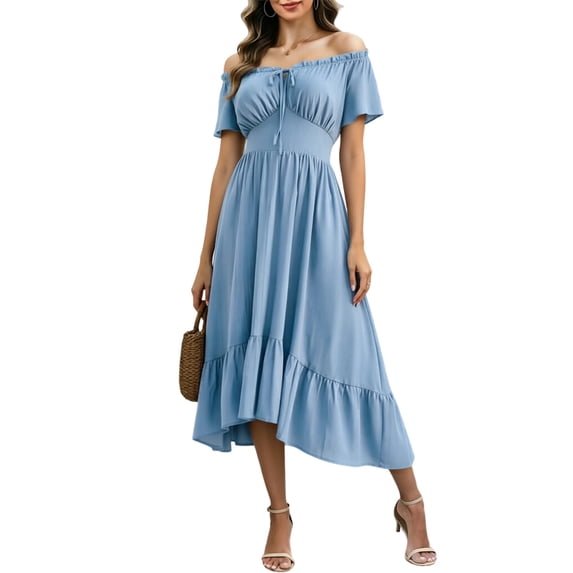 Lnmiateer Solid Retro Puff Sleeve Fitted Waist Ruffled Hem Midi Dress Ladies Soft Wrinkle Resistant Fabric Autumn Winter Dating City Travel Going Out Outfit