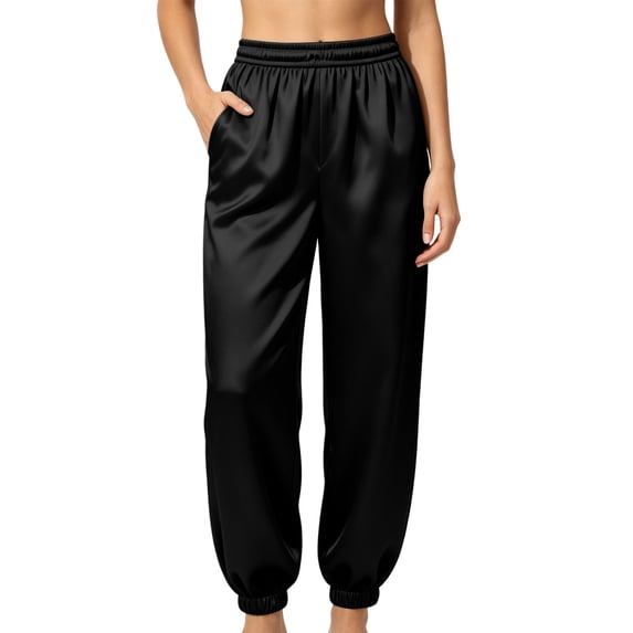 Lnmiateer Solid Silky Satin Elastic Waist Ankle Cuff Jogger Pants Ladies Side Pocket Soft Loungewear Trousers Autumn Winter Home Leisure Guest Receiving Daily Wear