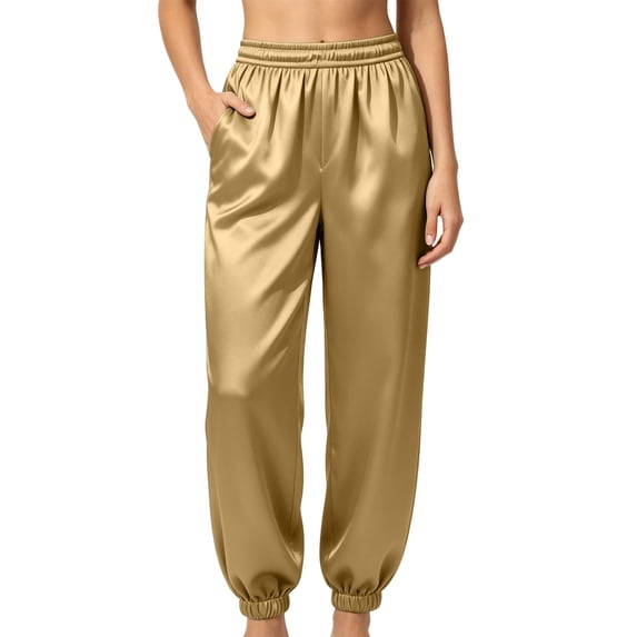 Lnmiateer Solid Silky Satin Elastic Waist Ankle Cuff Jogger Pants Ladies Side Pocket Soft Loungewear Trousers Autumn Winter Home Leisure Guest Receiving Daily Wear
