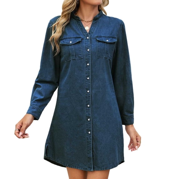 Lnmiateer Solid V Neck Button Down Long Sleeve Pocket Denim Shirt Dress Ladies Stretchy Thick Fabric Autumn Winter Dating Travel Walking Going Out Outfit