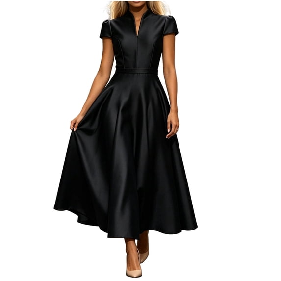 Lnmiateer Solid V Neck Cap Sleeve High Waist Flowy A Line Midi Dress Ladies Wrinkle Resistant Fabric Autumn Winter Office Daily Casual Going Out Outfit
