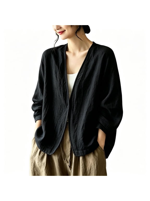 Vintage Cotton Linen V Neck Open Cardigan Batwing Sleeve Curved Hem Loose Casual Jacket Autumn Winter Everyday Multi-Layer Fashion Outerwear