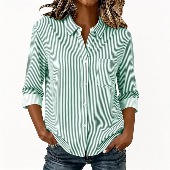 Lnmiateer Vintage Vertical Striped Collared Loose Button Up Top Ladies Soft Breathable Stretch Fabric Autumn Winter Camping Street Leisure Fashion Outfit