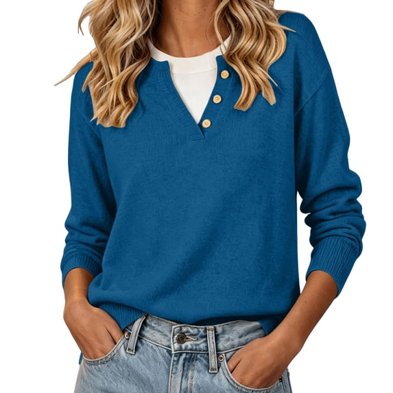 Lnmiateer Women 2026 Fall Lightweight 2 in 1 Faux Layer Crew Neck Striped Knit Pullover Long Sleeve Button Sweater Versatile Office Casual Going Out Top