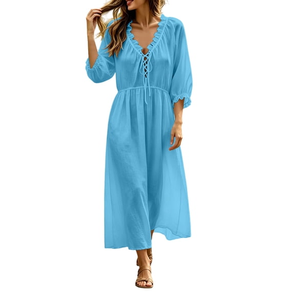 Lnmiateer Women Boho Maxi V Neck Dress Ruffle Lace Up Bust Puff 3/4 Sleeve Elastic Waist Side Slit Flowy Beach Long Casual Wear