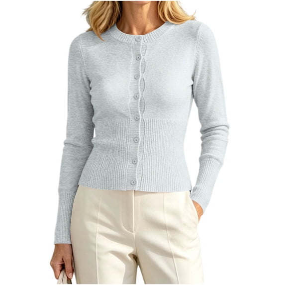 Lnmiateer Women Crew Neck Button Down Cropped Knit Cardigan Long Sleeve Lightweight Open Front Sweater Shrug Casual Summer Layering Outerwear