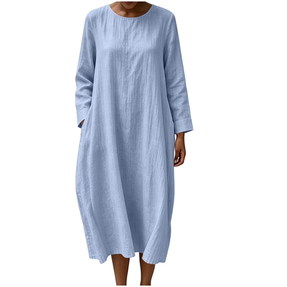 Lnmiateer Women Crew Neck Linen Midi Dress 3/4 Roll Cuff Sleeve Drop Shoulder Relaxed A-Line Coastal Holiday Weekend Casual Loungewear Outfit