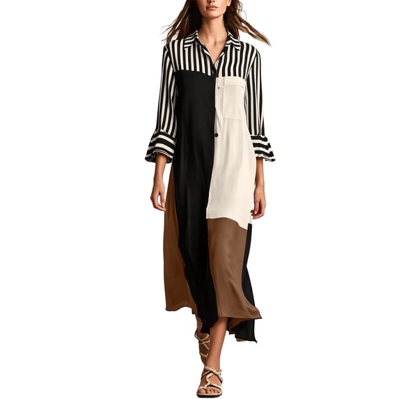 Lnmiateer Women Flowy Oversized Collared Shirt Maxi Dress Front Button Placket Side Slit Printed Boho Dress for Beach Commute Daily Occasions