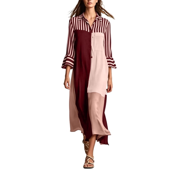 Lnmiateer Women Flowy Oversized Collared Shirt Maxi Dress Front Button Placket Side Slit Printed Boho Dress for Beach Commute Daily Occasions