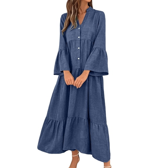 Lnmiateer Women Flowy Tiered Ruffle Maxi Dress V Neck Bell Sleeve Solid Soft Breathable Sundress for Beach Holiday Weekend Casual Outfit