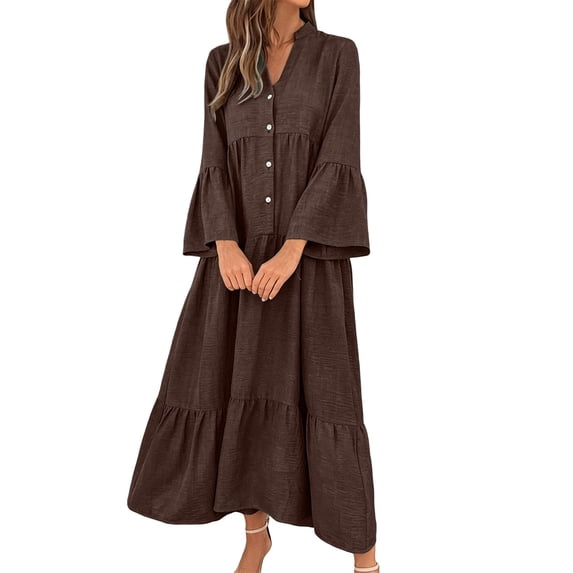 Lnmiateer Women Flowy Tiered Ruffle Maxi Dress V Neck Bell Sleeve Solid Soft Breathable Sundress for Beach Holiday Weekend Casual Outfit