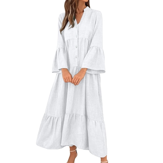 Lnmiateer Women Flowy Tiered Ruffle Maxi Dress V Neck Bell Sleeve Solid Soft Breathable Sundress for Beach Holiday Weekend Casual Outfit