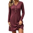 thumbnail image 1 of Lnmiateer Women Henley V Neck Ribbed Long Sleeve Mini Dress Button Up Loose Swing A-Line With Pockets Casual Loungewear Weekend Outfit, 1 of 6