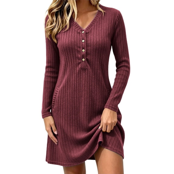 Lnmiateer Women Henley V Neck Ribbed Long Sleeve Mini Dress Button Up Loose Swing A-Line With Pockets Casual Loungewear Weekend Outfit