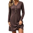 thumbnail image 1 of Lnmiateer Women Henley V Neck Ribbed Long Sleeve Mini Dress Button Up Loose Swing A-Line With Pockets Casual Loungewear Weekend Outfit, 1 of 6