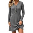 thumbnail image 1 of Lnmiateer Women Henley V Neck Ribbed Long Sleeve Mini Dress Button Up Loose Swing A-Line With Pockets Casual Loungewear Weekend Outfit, 1 of 6