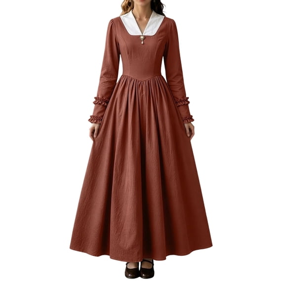 Lnmiateer Women Modest Colonial Pioneer Costume Maxi Dress Collar Ruffle Long Sleeve A‑Line Gown for Vintage Halloween Social Events