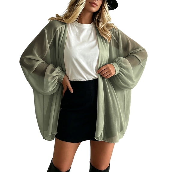 Lnmiateer Women Open Front Chiffon Cardigan Long Sleeve Elastic Cuffs Side Pockets Loose Flowy Casual Jacket Autumn Winter Office Indoor Layering Outerwear
