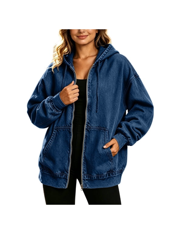 Women Oversized Hooded Zip‑Up Denim Trucker Jacket Drawstring Hood Long‑Sleeve Relaxed‑Fit Jean Coat With Pockets Fall Winter Street‑Wear Outerwear