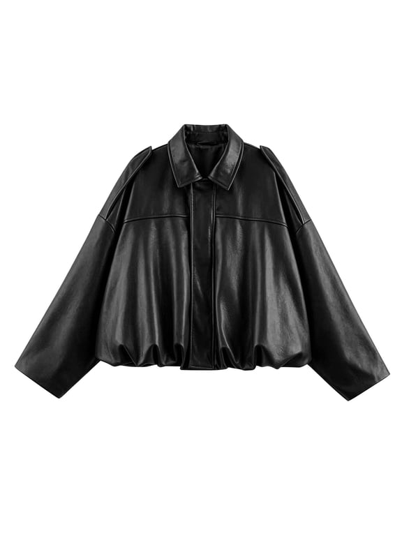 Women Oversized PU Cropped Bomber Jacket Zip‑Front Lapel Collar Batwing‑Sleeve Lightweight Coat With 2 Side Pockets Casual Daily Vacation‑Ready Outerwear