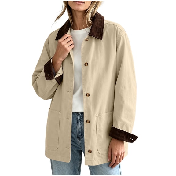 Lnmiateer Women Rustic Button‑Front Canvas Barn Jacket Long‑Sleeve Relaxed‑Fit Work‑Inspired Coat Lightweight Fabric Loose Silhouette Spring Daily‑Going‑Out Outerwear