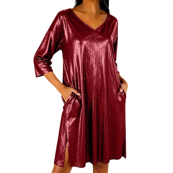 Lnmiateer Women Shiny Metallic V Neck 3/4 Sleeve Straight Midi Dress Side Split Loose Glitter Casual Gown Autumn Winter Holiday Party Evening Dress