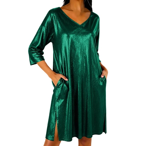 Lnmiateer Women Shiny Metallic V Neck 3/4 Sleeve Straight Midi Dress Side Split Loose Glitter Casual Gown Autumn Winter Holiday Party Evening Dress