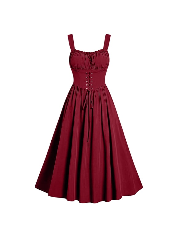 Women Spaghetti Strap Ruffled Gothic Midi Dress Adjustable Tie Waist Side Slit Thick Fabric Autumn Winter Halloween Masquerade Party Costume Dress
