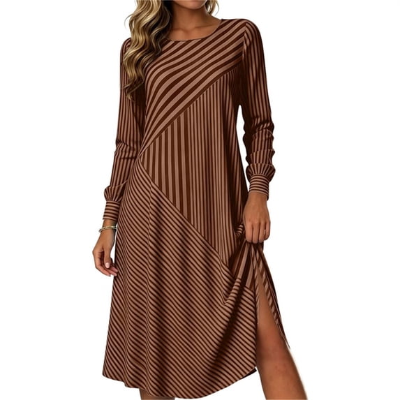 Lnmiateer Women Striped Long Sleeve A Line Midi Dress Loose Lightweight Breathable Summer Fall Work Beach Vacation Outfit