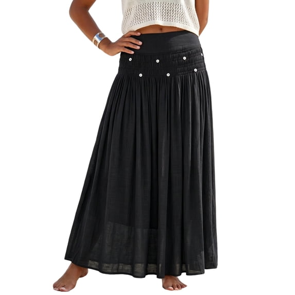 Lnmiateer Women Summer Beach Boho Long Skirt Linen Fabric Smocked High Waist Layered Flowy A Line Design Shell Star Casual Vacation Daily Wear