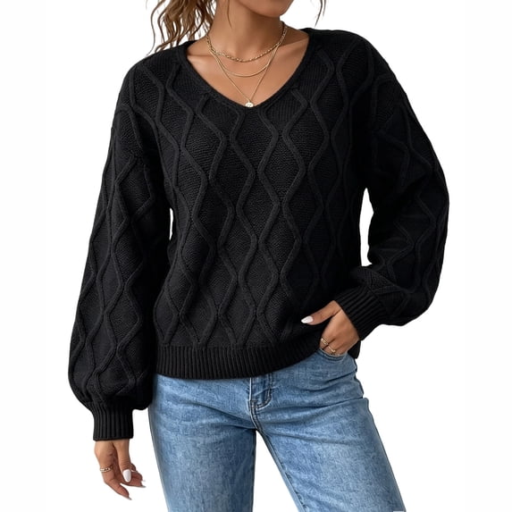 Lnmiateer Women V Neck Cable Knit Cropped Long Sleeve Sweater Casual Fashion Knitted Pullover Jumper Fall Daily Outdoor Street Wear
