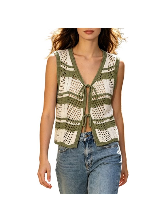 Women V Neck Front Tie Lace Up Crochet Sweater Vest Loose Hollow Out Sleeveless Knit Top Bohemian Beach Resort Daily Outfit