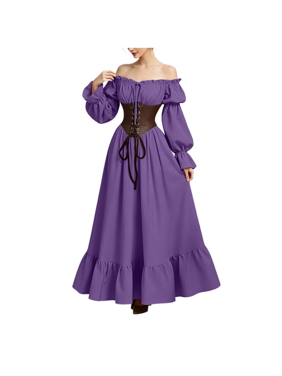 Women Vintage Gothic Renaissance Maxi Dress Off‑Shoulder Corset Ruched Bodice Bishop‑Sleeve Cosplay Themed‑Event Outfit