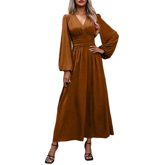 Lnmiateer Women Wrap V Neck A-Line Maxi Dress Long Puff Lantern Sleeve Ruched Side Flowy Elegant Summer Vacation Dress