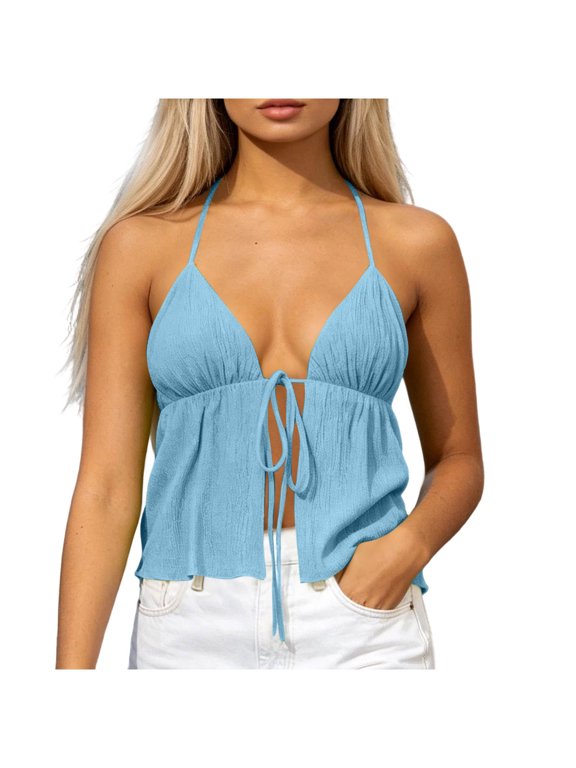 Women Y2K Halter Neck Tie Front Split Flowy Crop Cami Cute Summer Versatile Vacation Party Going Out Top