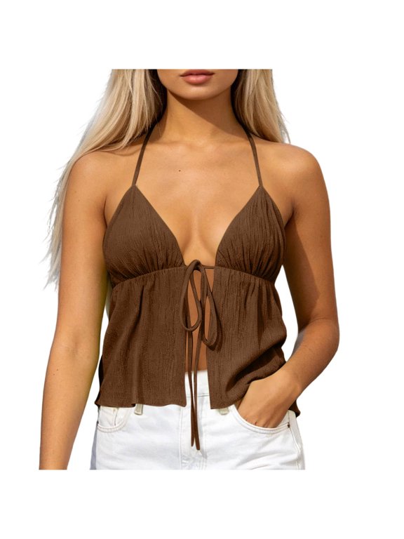 Women Y2K Halter Neck Tie Front Split Flowy Crop Cami Cute Summer Versatile Vacation Party Going Out Top