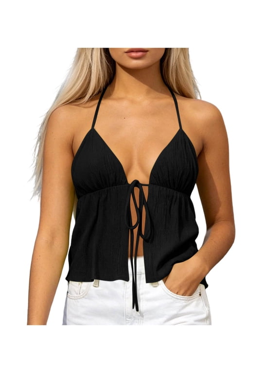 Women Y2K Halter Neck Tie Front Split Flowy Crop Cami Cute Summer Versatile Vacation Party Going Out Top