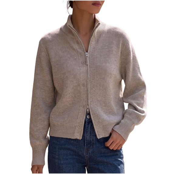 Lnmiateer Women Zip Up Chunky Knit Cropped Cardigan Long Sleeve Sweater Jacket Relaxed Fit Knit Outerwear Fall Winter Casual Daily Layering Coat